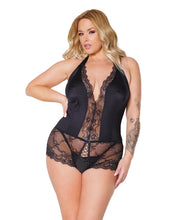 Holiday Stretch Eyelash Lace Halter Crotchless Teddy W/lace Up Detail