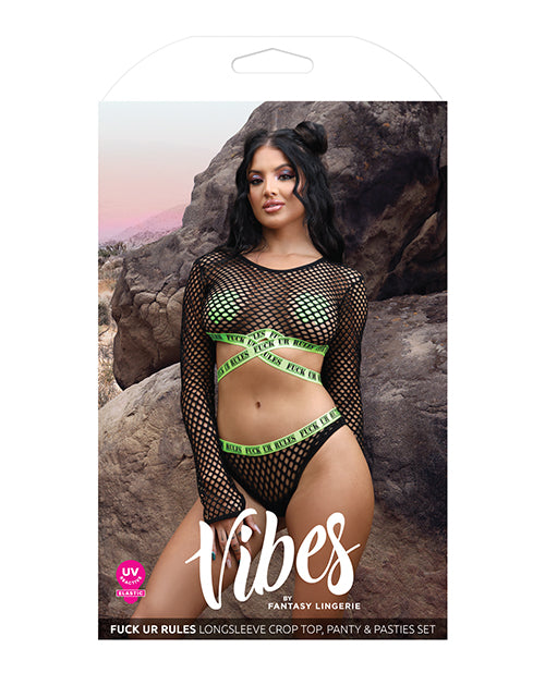 Vibes Fuck Ur Rules Long Sleeve Crop Top, Panty & Pasties