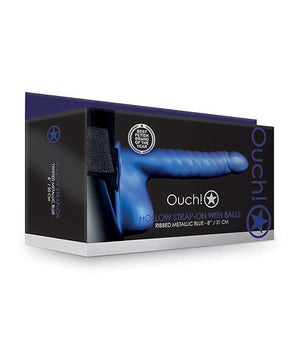 Shots Ouch 8" Ribbed Hollow Strap On w/Balls