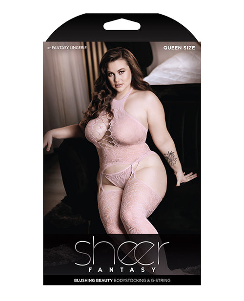 Sheer Fantasy High Neck Floral Lace Gartered Bodystocking & Panty Light