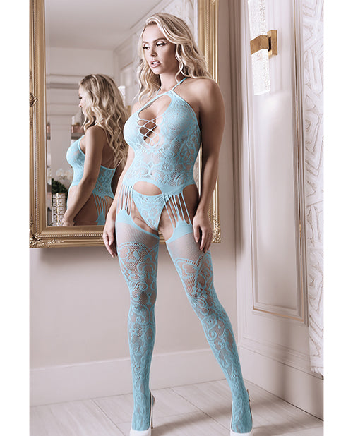 Sheer Fantasy Halter Neck Floral Lace Gartered Bodystocking & Panty