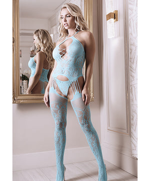 Sheer Fantasy Halter Neck Floral Lace Gartered Bodystocking & Panty