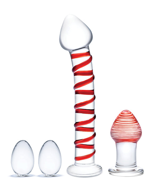 Red 4 Pc Mr. Swirly Set Glass Kegal Balls & 3.25 inch Butt Plug