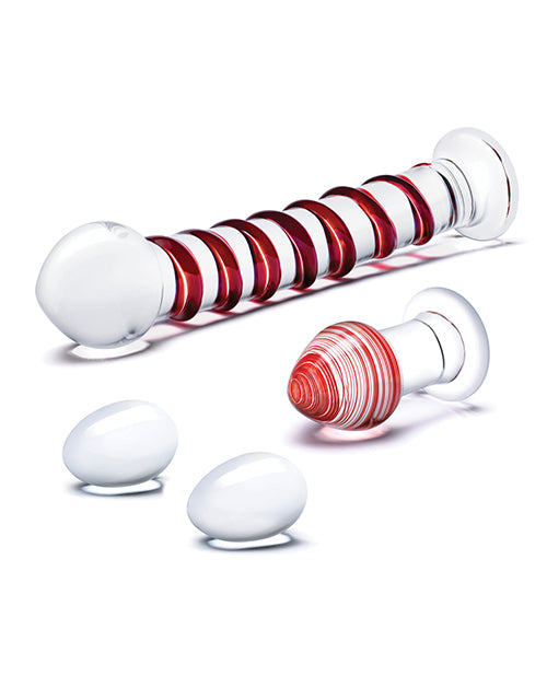 Red 4 Pc Mr. Swirly Set Glass Kegal Balls & 3.25 inch Butt Plug