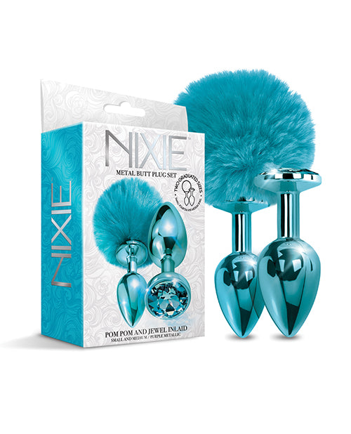 Blue Nixie Metal Butt Plug Set with Jewel Inlaid & Pom Pom