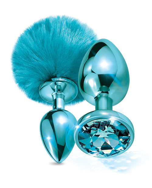 Blue Nixie Metal Butt Plug Set with Jewel Inlaid & Pom Pom