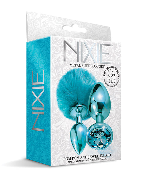 Blue Nixie Metal Butt Plug Set with Jewel Inlaid & Pom Pom