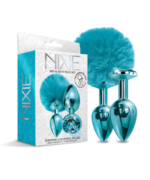 Blue Nixie Metal Butt Plug Set with Jewel Inlaid & Pom Pom