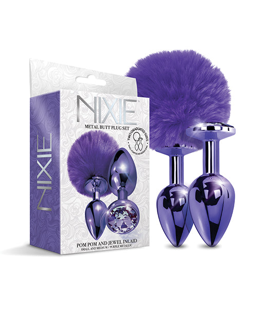 Blue Nixie Metal Butt Plug Set with Jewel Inlaid & Pom Pom