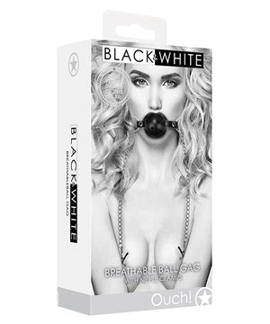 Shots Ouch Black & White Breathable Ball Gag W-nipple Clamps